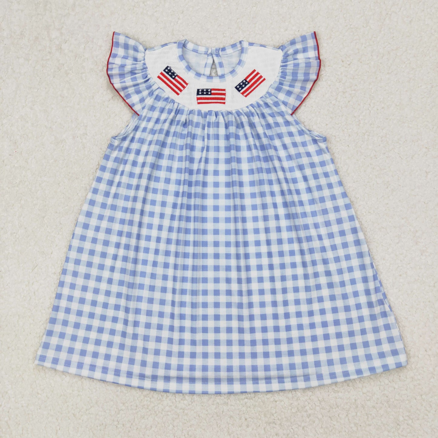 RTS NO MOQ ETA 5/7days Arrived GSD1817 smocked National Day Embroidered Flag Blue Plaid Flying Sleeve Dress
