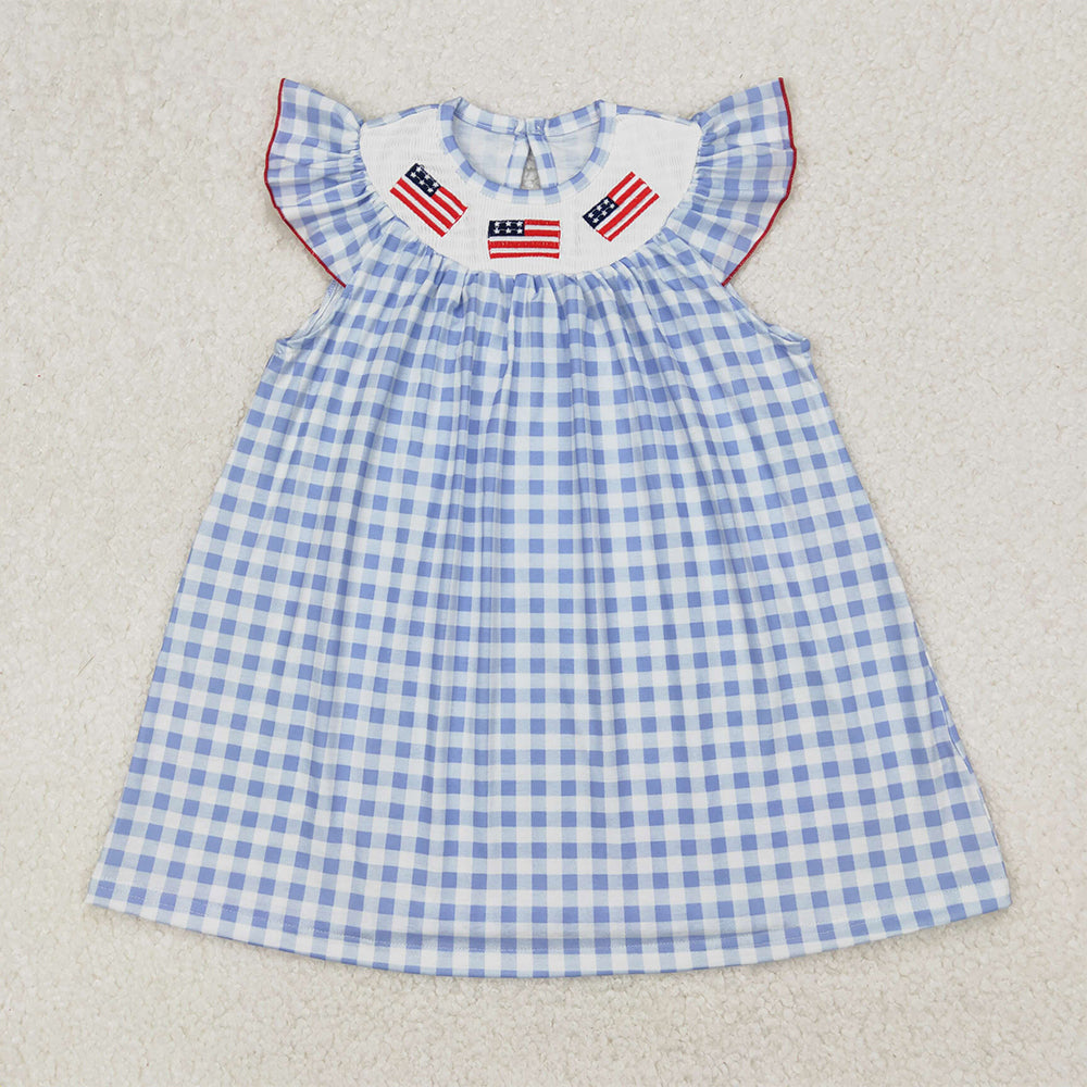 RTS NO MOQ Sibling baby girl clothes embroidery smocked 4th of july flag flying-sleeved romper dress
