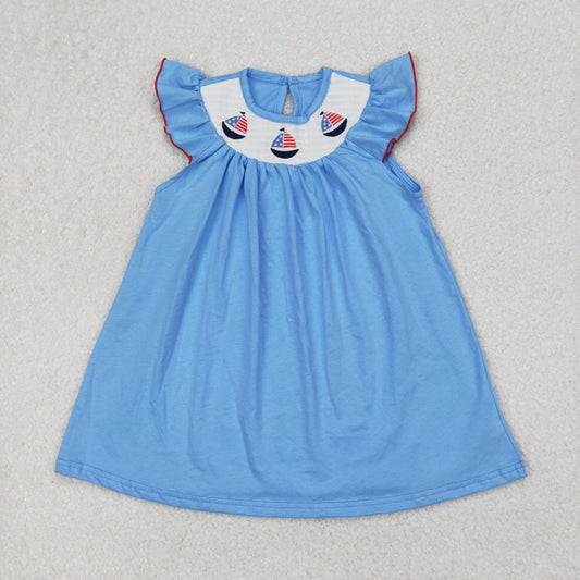 RTS NO MOQ ETA 5/7days Arrived GSD1818 smocked National Day Embroidered Sailboat Blue Flying Sleeve Dress