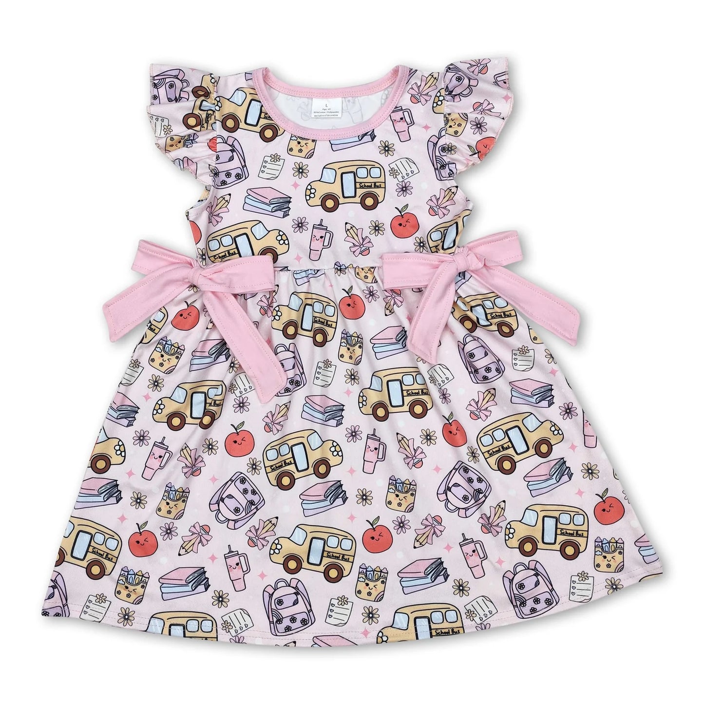 RTS NO MOQ Sibling milk silk Baby Girls Bus Print Back To School Tunic Top Ruffle Shorts Clothes Sets Dress