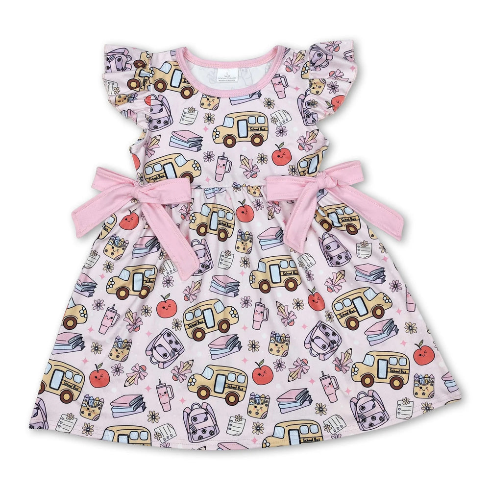 RTS NO MOQ Sibling milk silk Baby Girls Pink Bow Pencil Print Tunic Top Ruffle Elastic Waist Shorts Back To School Set Dresses(2T-14-16T）