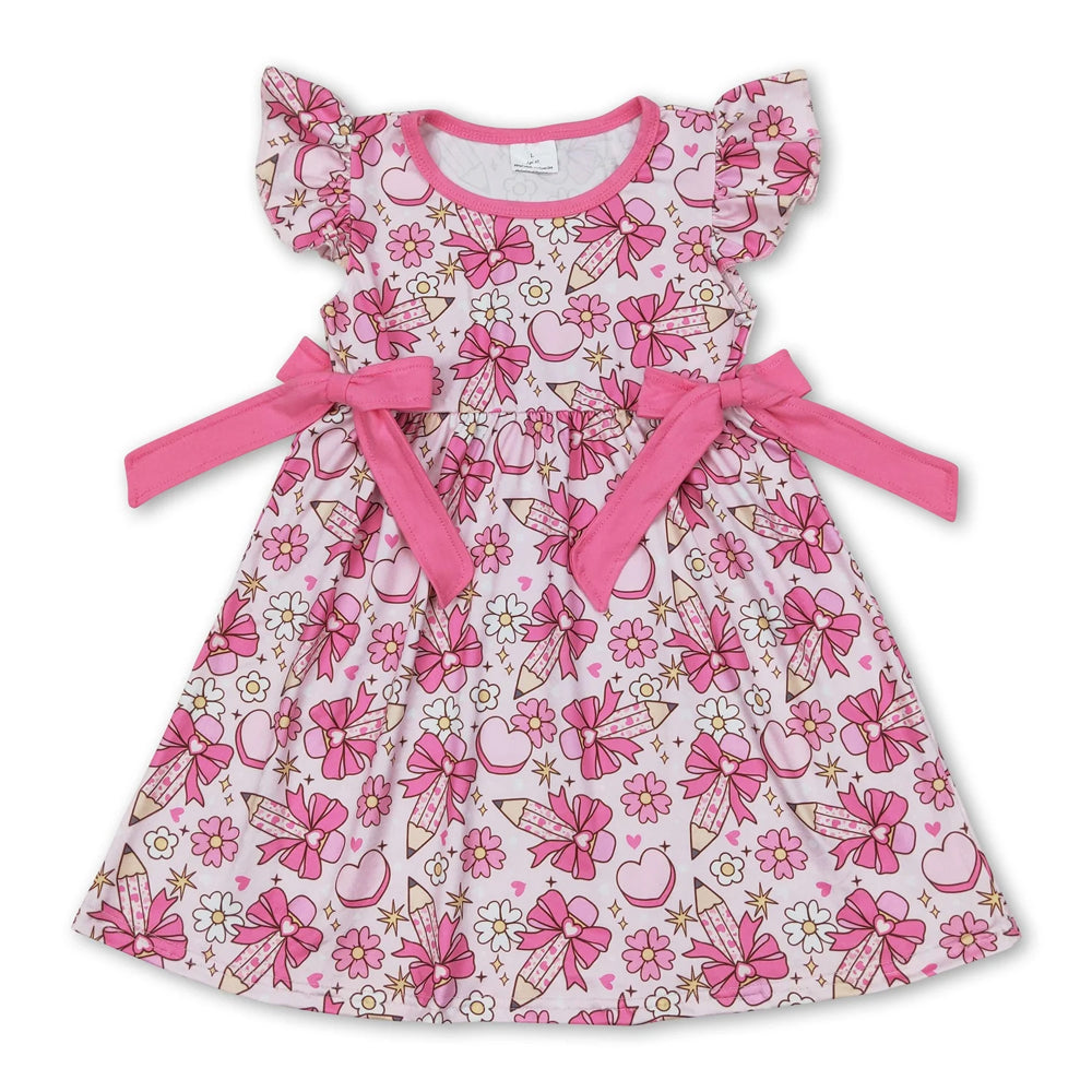 RTS NO MOQ Sibling milk silk Baby Girls Apple Bow Back To School Flutter Sleeve Knee Length Dress(2T-14-16T）