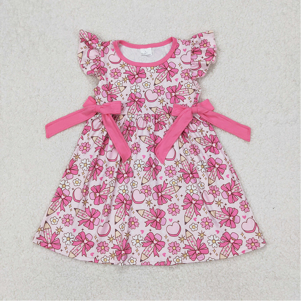 RTS NO MOQ Sibling Baby Girls Knee-Length Dress with Flutter Sleeves And Bows