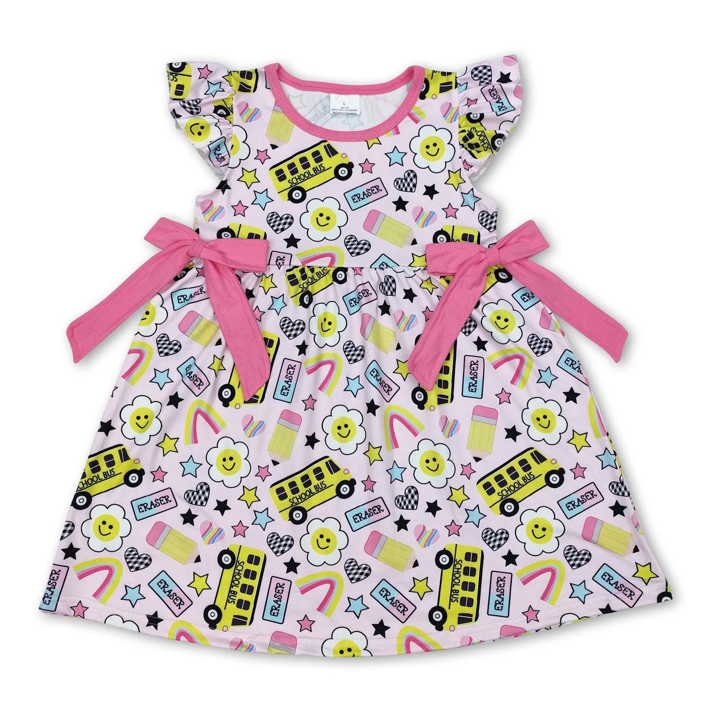 RTS NO MOQ Sibling milk silk Baby Girls Bus Print Back To School Tunic Top Ruffle Shorts Clothes Sets Dress