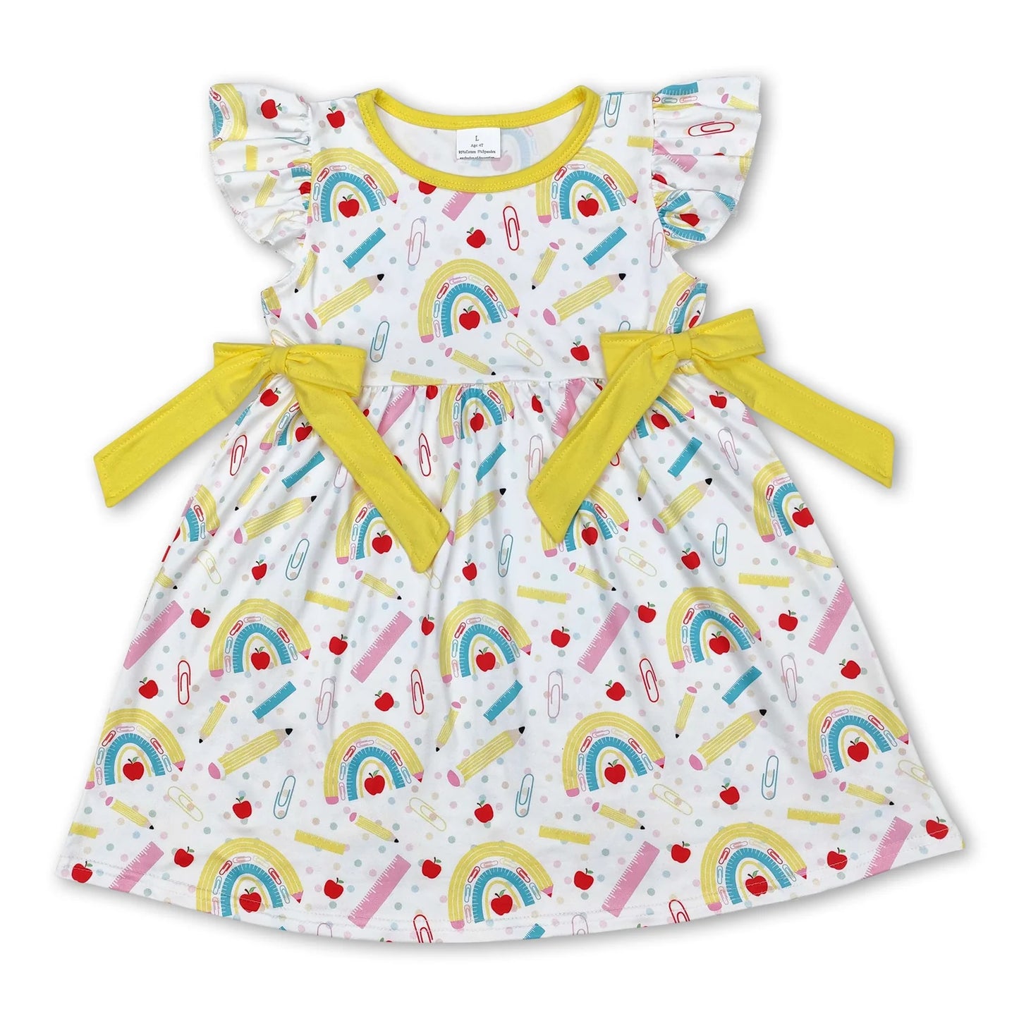 RTS NO MOQ Sibling milk silk Baby Girls Apple Bow Back To School Flutter Sleeve Knee Length Dress