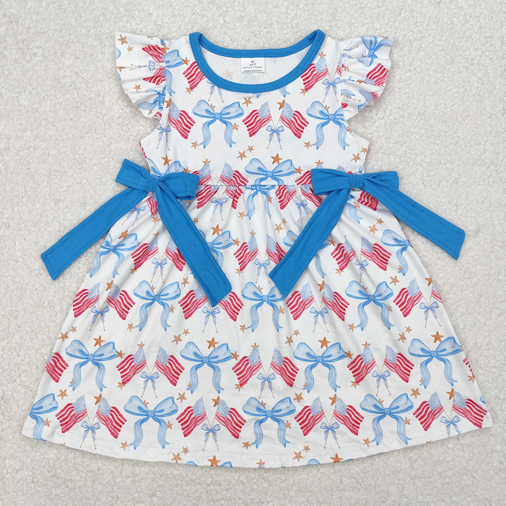 RTS NO MOQ Sibling Baby Girls Knee-Length Dress with Flutter Sleeves And Bows