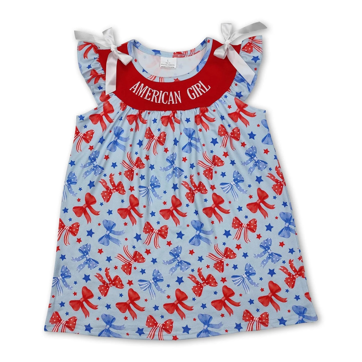 RTS NO MOQ Sibling milk silk Baby Girl 4th of July Embroidery Flag Strap Bow Ruffle Knee Length Dress Rompers