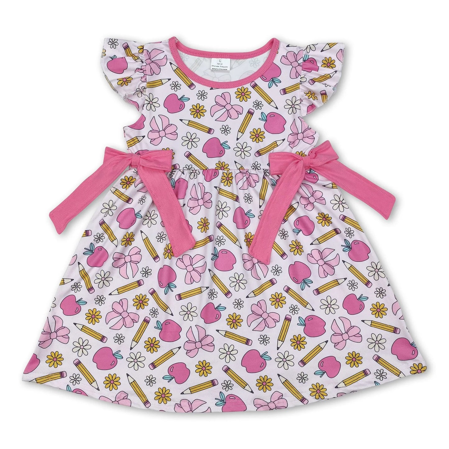 RTS NO MOQ Sibling milk silk Baby Girls Apple Bow Back To School Flutter Sleeve Knee Length Dress