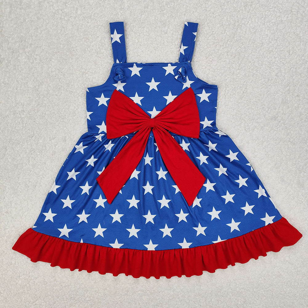 RTS NO MOQ Sibling Baby Girls 4th of July Ruffle Knee-Length Dress with Strap Bows Print