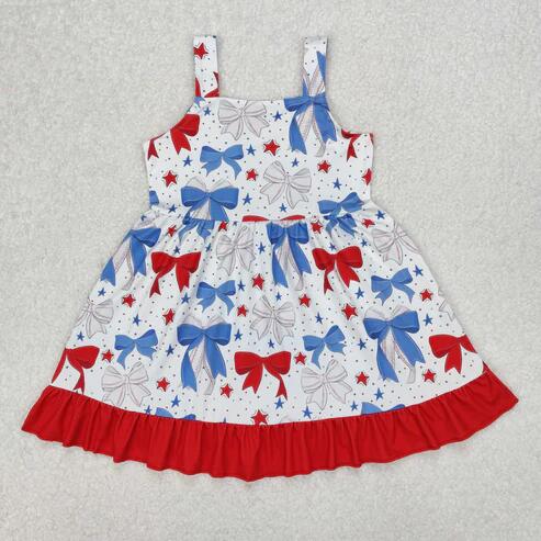 RTS NO MOQ Sibling Girls Western Ruffle Knee-Length Dress Strap Bows Cows 4th of July Casual Wear