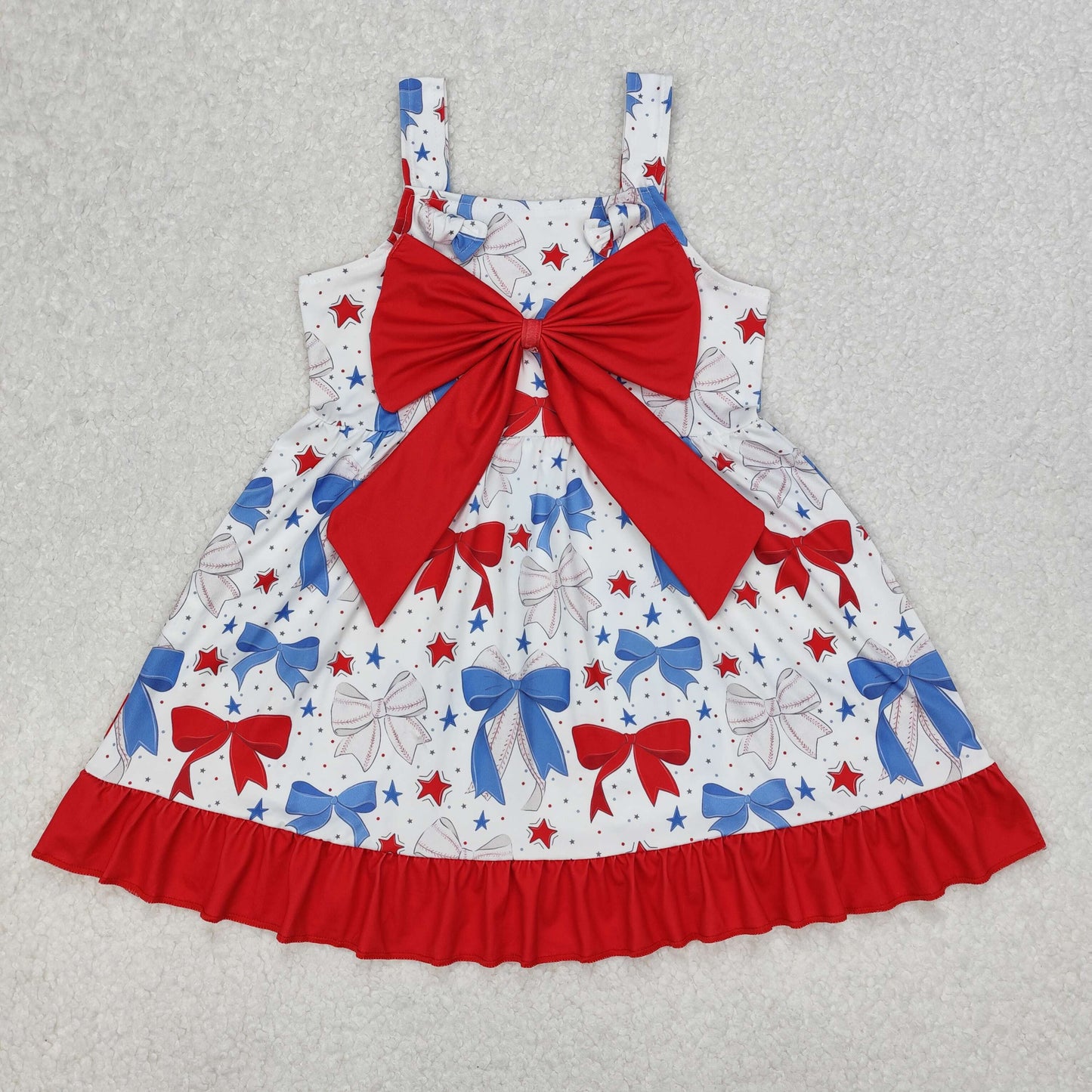 RTS NO MOQ ETA 5/7days Arrived GSD1866 Star Baseball Red Bow Lace White Sleeveless Dress