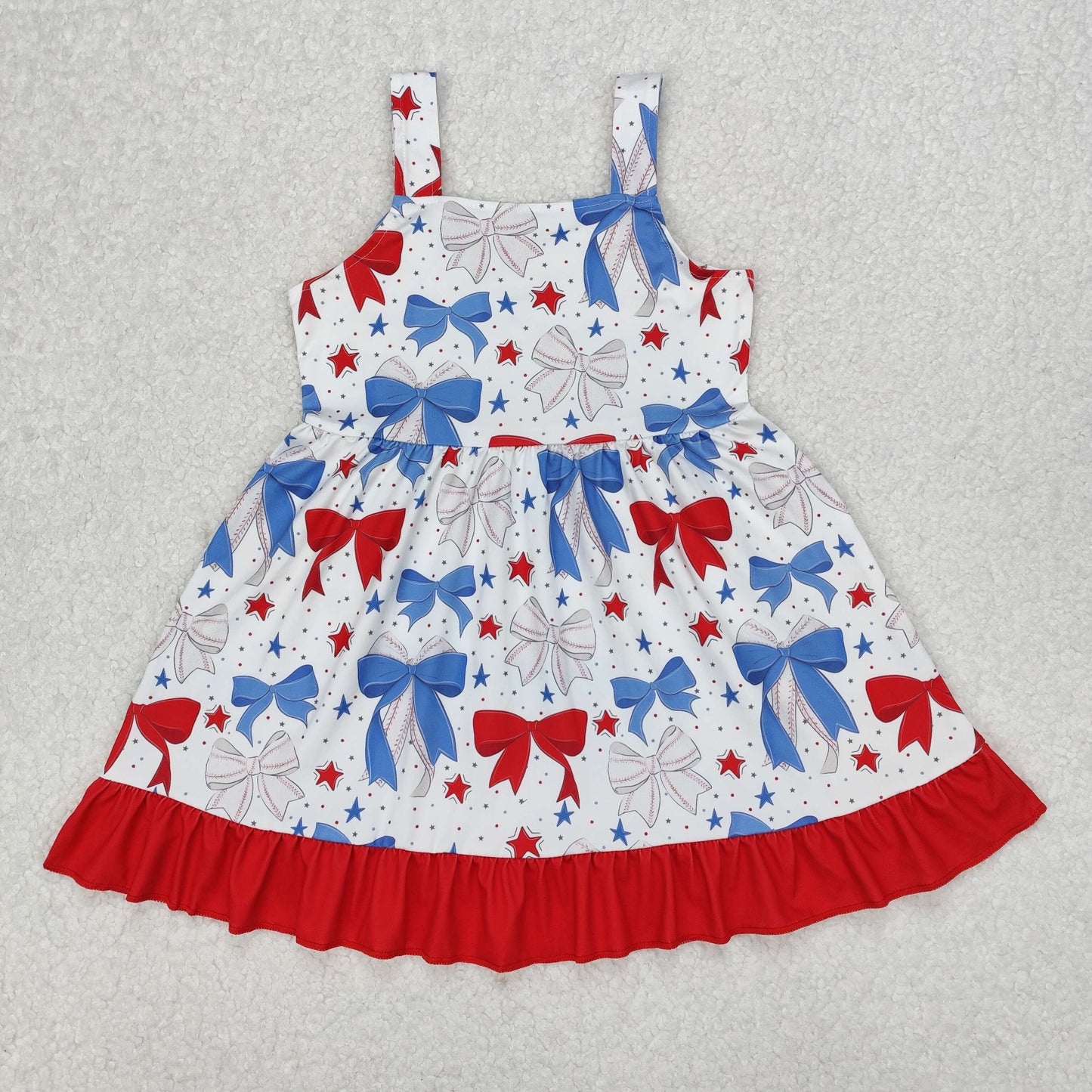 RTS NO MOQ ETA 5/7days Arrived GSD1866 Star Baseball Red Bow Lace White Sleeveless Dress