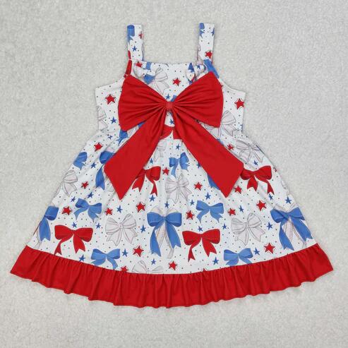 RTS NO MOQ Sibling Girls Western Ruffle Knee-Length Dress Strap Bows Cows 4th of July Casual Wear