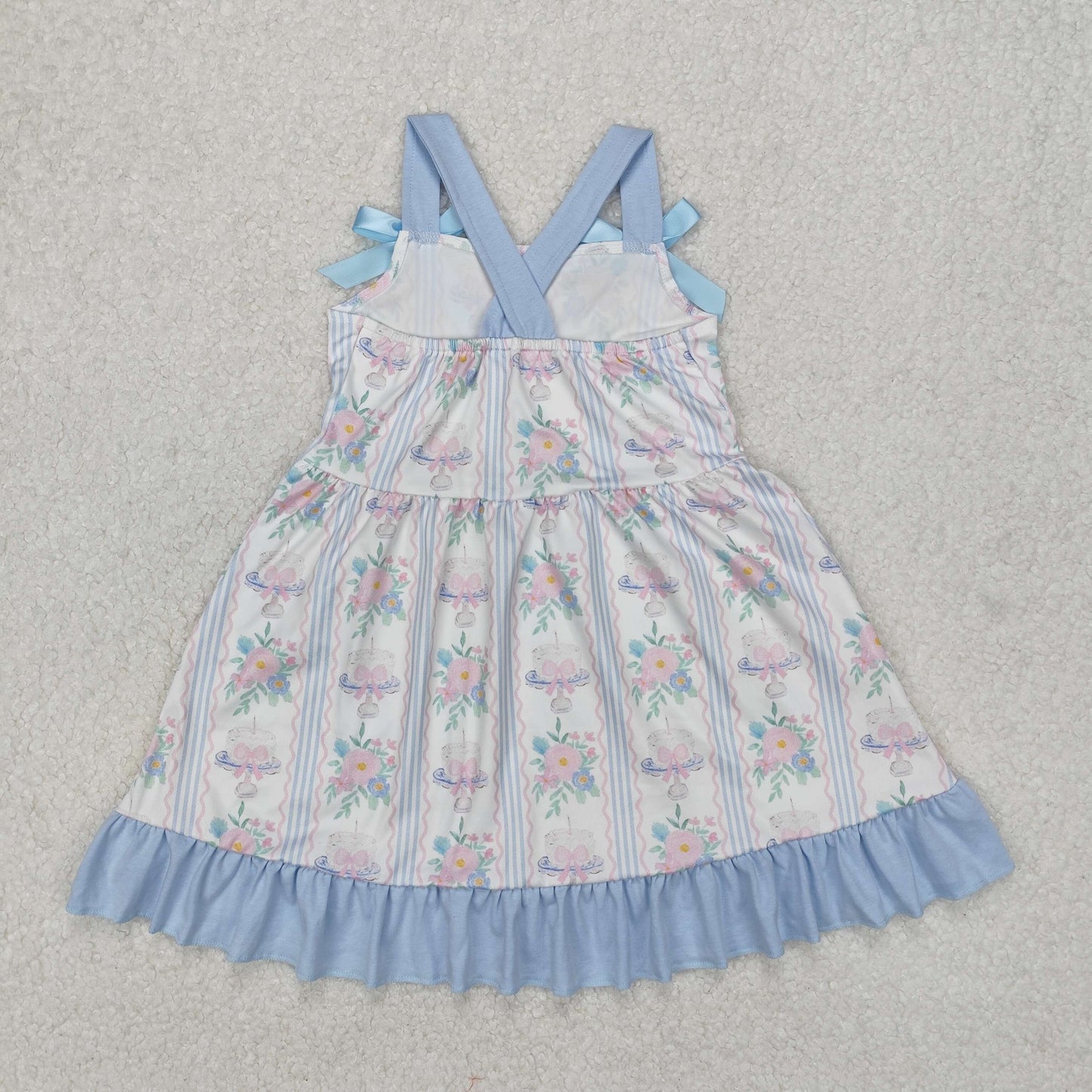 RTS NO MOQ ETA 5/7days Arrived GSD1946 flower leaf blue stripe wavy line pink bow pattern white sleeveless dress