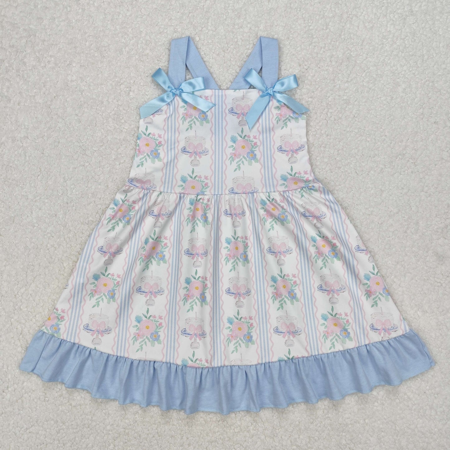 RTS NO MOQ ETA 5/7days Arrived GSD1946 flower leaf blue stripe wavy line pink bow pattern white sleeveless dress