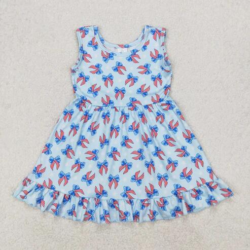 RTS NO MOQ Sibling Baby Girls Sleeveless Ruffle Knee-Length Dress Stars Bows 4th of July Outfit