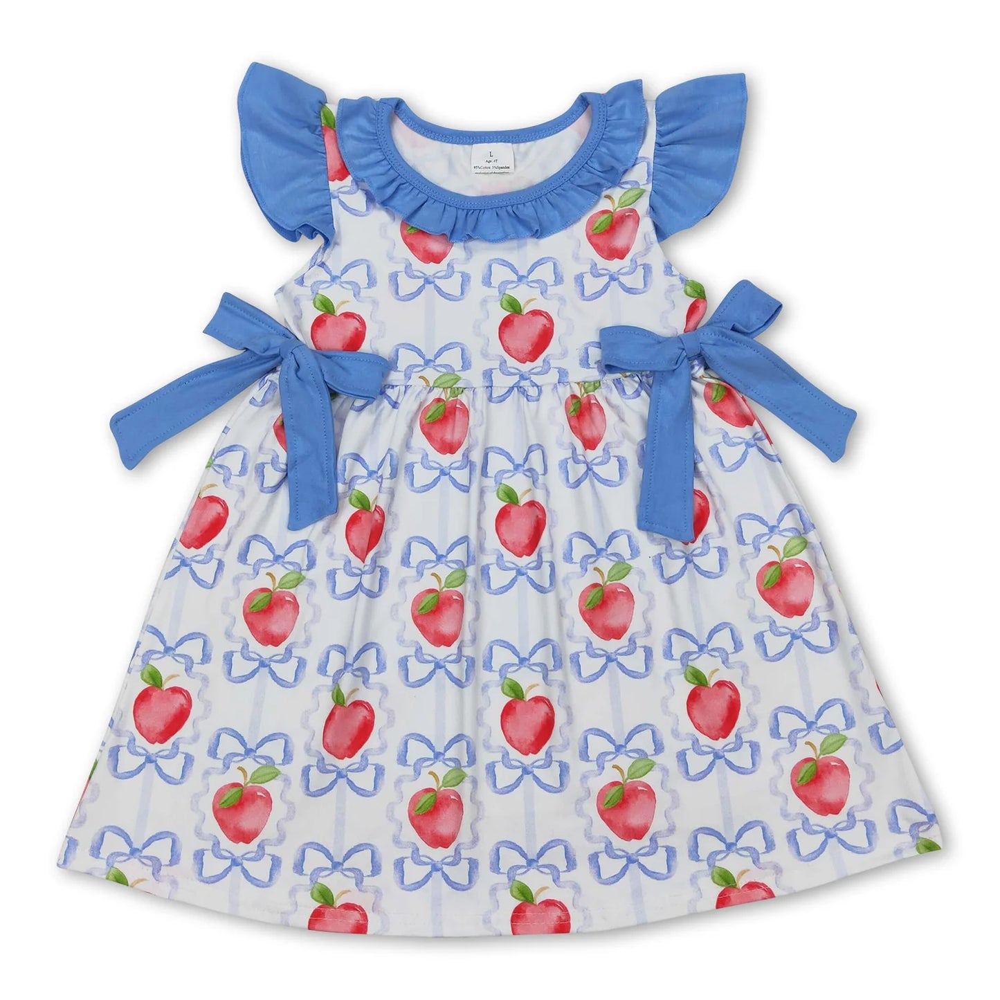 RTS NO MOQ Sibling milk silk Baby Girls Apple Bow Back To School Flutter Sleeve Knee Length Dress