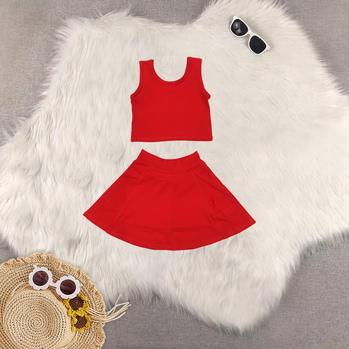 RTS NO MOQ baby girl clothes Solid red sleeveless skirt yoga set