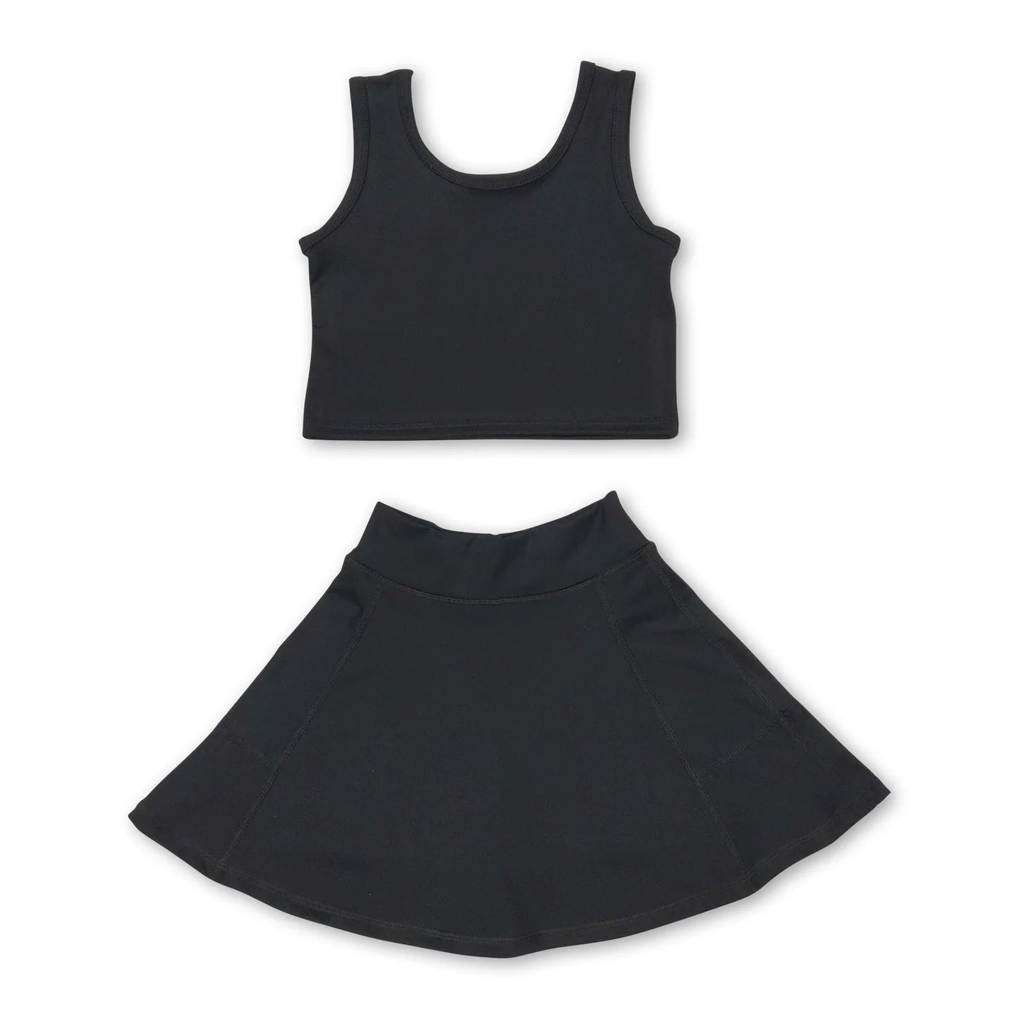 RTS NO MOQ Sibling yoga fabric cotton Baby Girls Top Shorts Clothes Set Dresses Skirts Black Athletic Active Wear