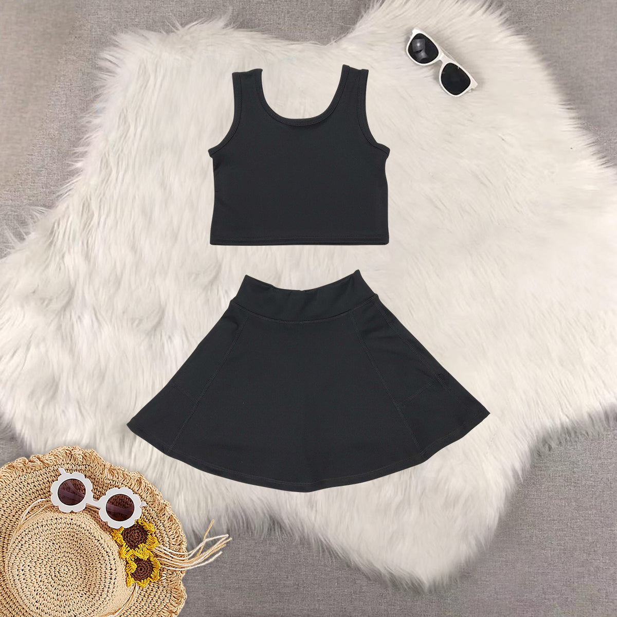 RTS NO MOQ Sibling baby girl clothes black sleeveless skirt yoga set and yoga dresses