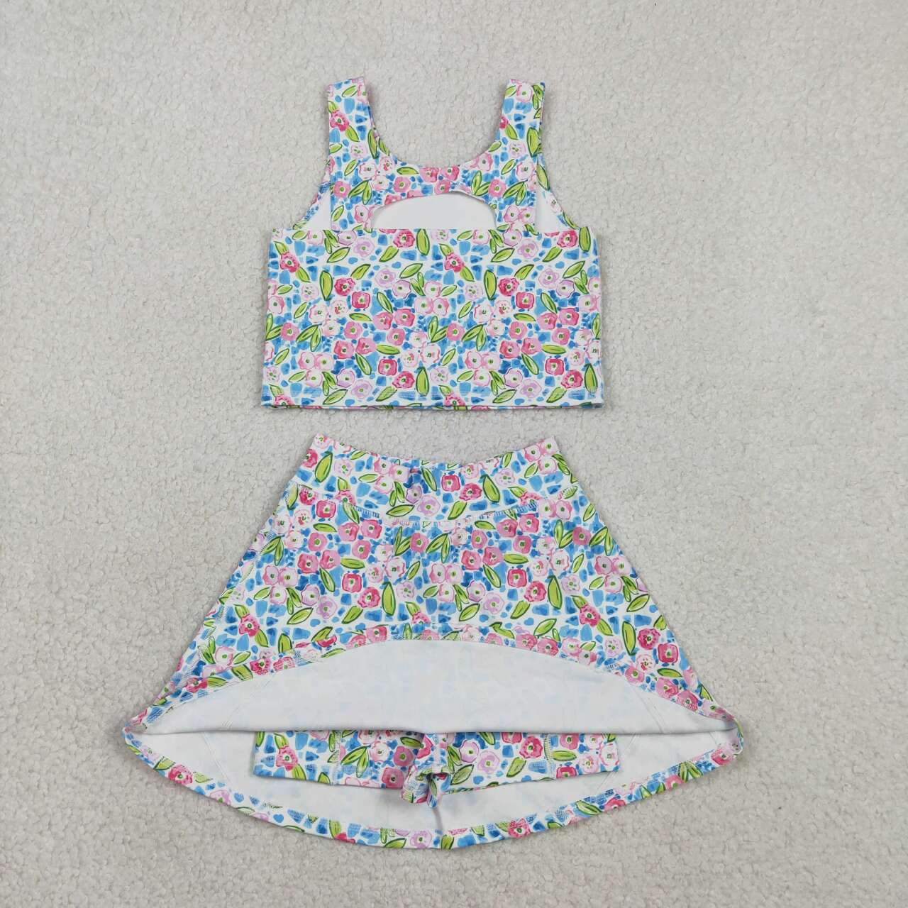 RTS NO MOQ GSD1988 Baby Girls Blue Pink Floral Activity Set Vest Top Shorts Skirts Yoga Set for Little Girls