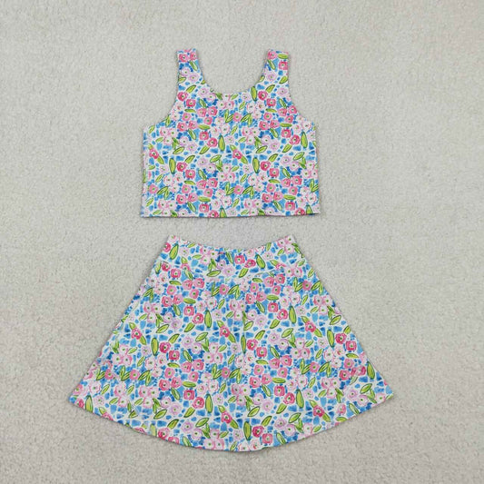 RTS NO MOQ GSD1988 Baby Girls Blue Pink Floral Activity Set Vest Top Shorts Skirts Yoga Set for Little Girls