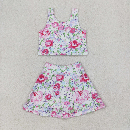 RTS NO MOQ GSD1989 Pink and purple flower and leaf sleeveless pants skirt yoga set