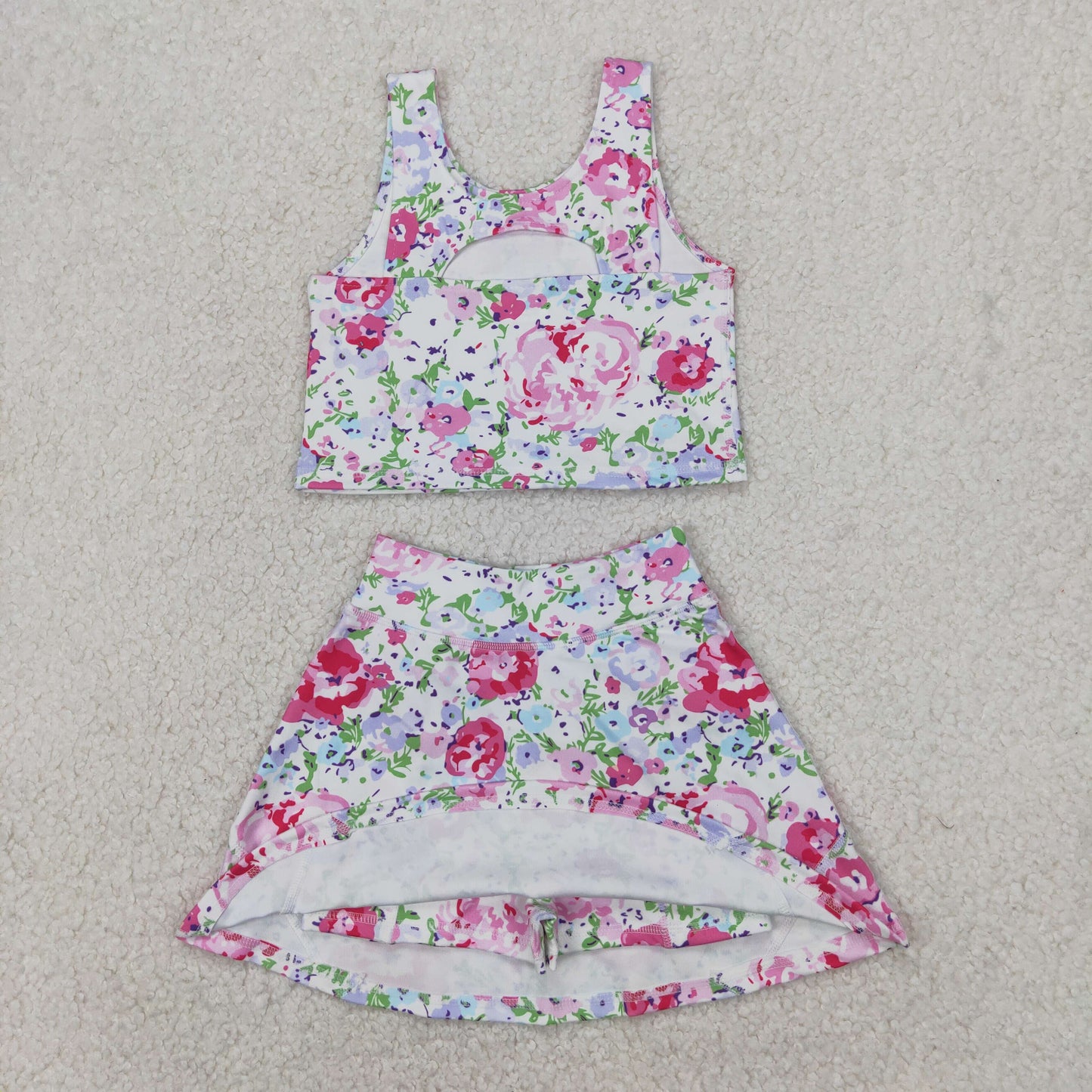 RTS NO MOQ GSD1989 Pink and purple flower and leaf sleeveless pants skirt yoga set