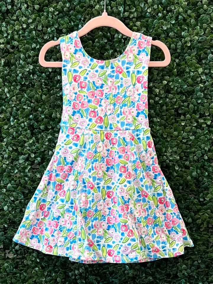 RTS NO MOQ Sibling yoga fabric Baby Girls Bow Scallop Trim Knee Length  Athletic Short Dress