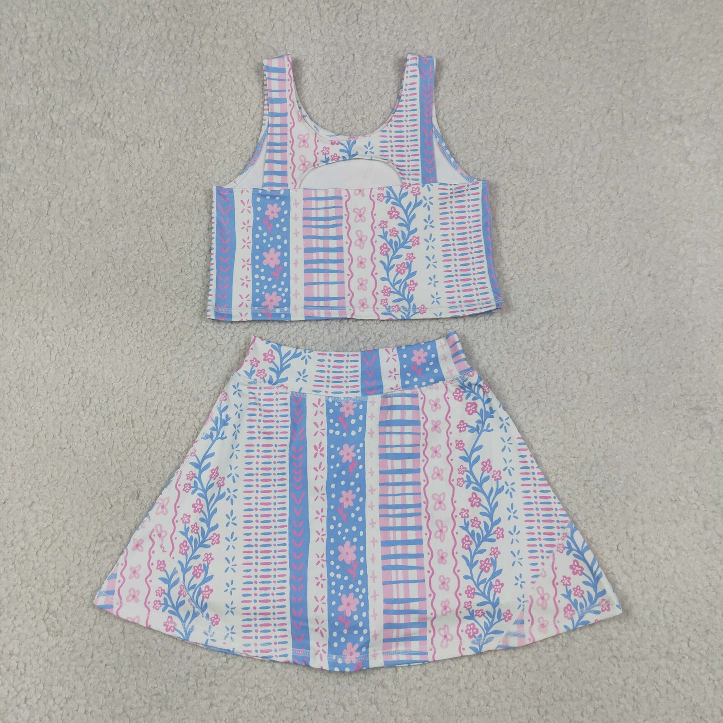 RTS NO MOQ Sibling yoga fabric Baby Girls Flower Print Sleeveless Vest Skort Yoga Summer Clothes Set