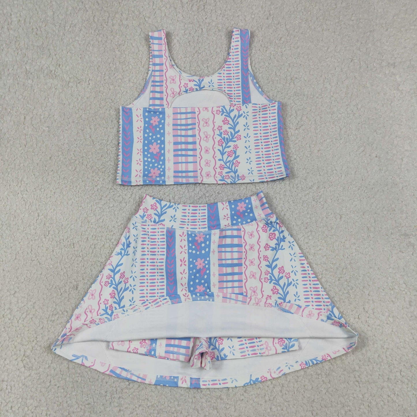 RTS NO MOQ Sibling yoga fabric Baby Girls Flower Print Sleeveless Vest Skort Yoga Summer Clothes Set