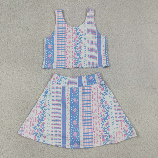 RTS NO MOQ yoga fabric GSD1995 Baby Girls Cute Blue Pink Floral Vest Top Skort Yoga Active Set