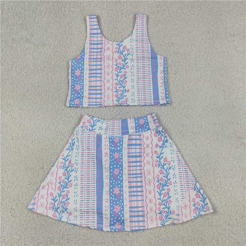 RTS NO MOQ Sibling yoga fabric Baby Girls Flower Print Sleeveless Vest Skort Yoga Summer Set