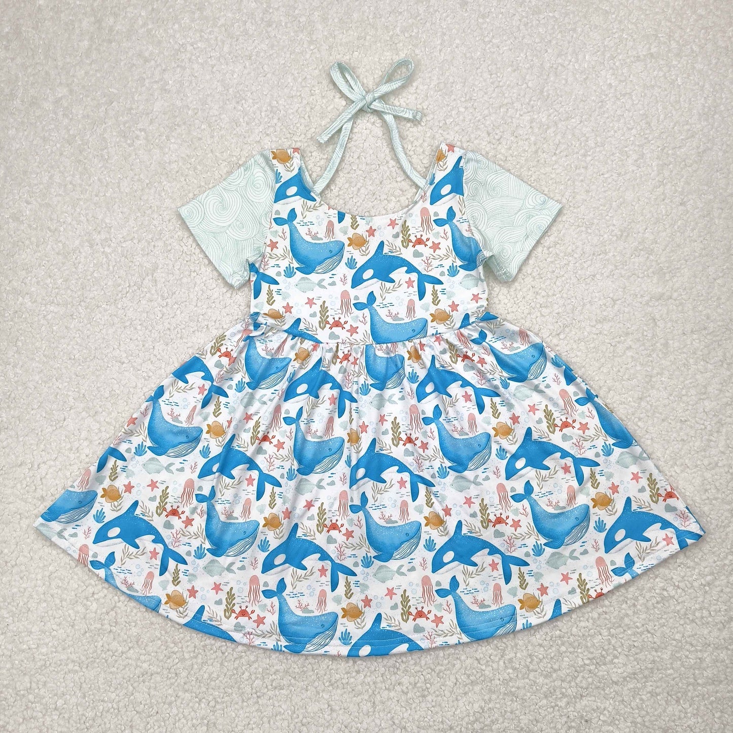 RTS NO MOQ GSD2011 Whale jellyfish starfish white backless short sleeve dress