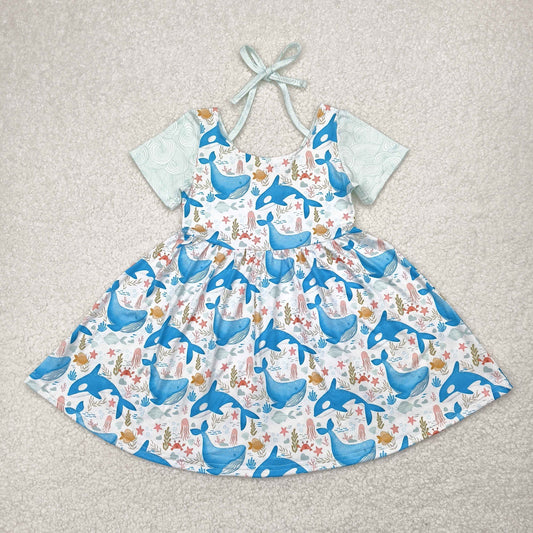RTS NO MOQ GSD2011 Whale jellyfish starfish white backless short sleeve dress