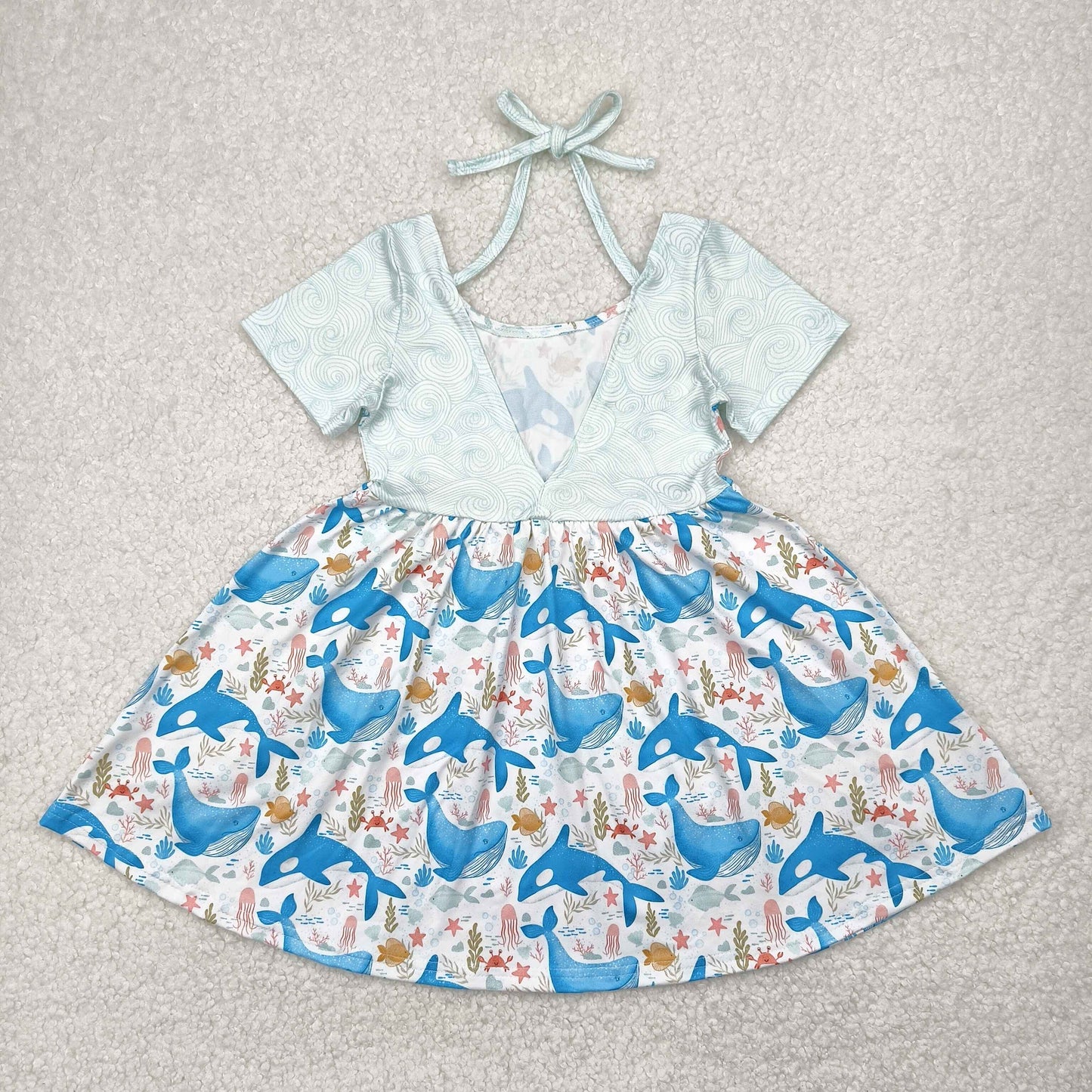 RTS NO MOQ GSD2011 Whale jellyfish starfish white backless short sleeve dress