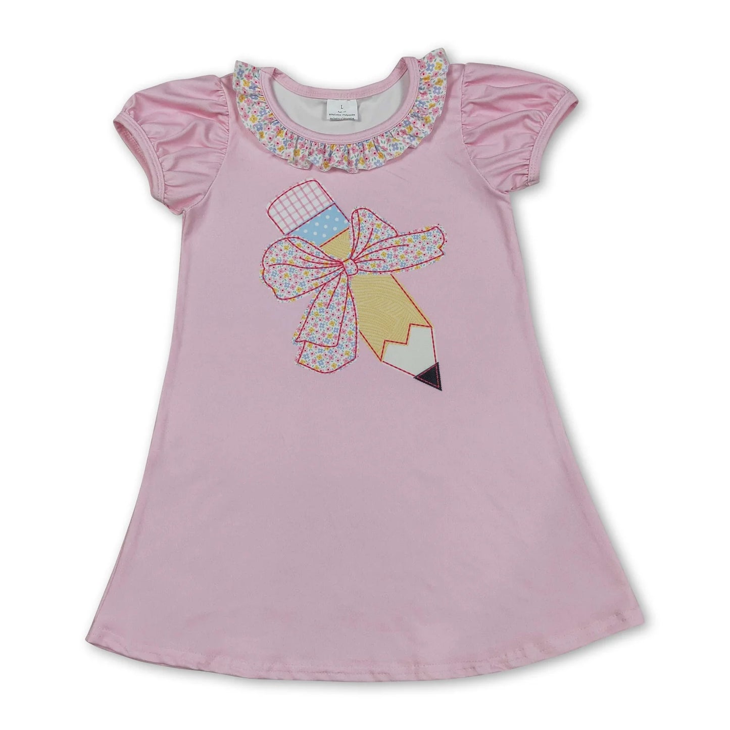 RTS NO MOQ Sibling milk silk Baby Girls Apple Pencil Print Short Sleeve Back To School Knee Length Dress