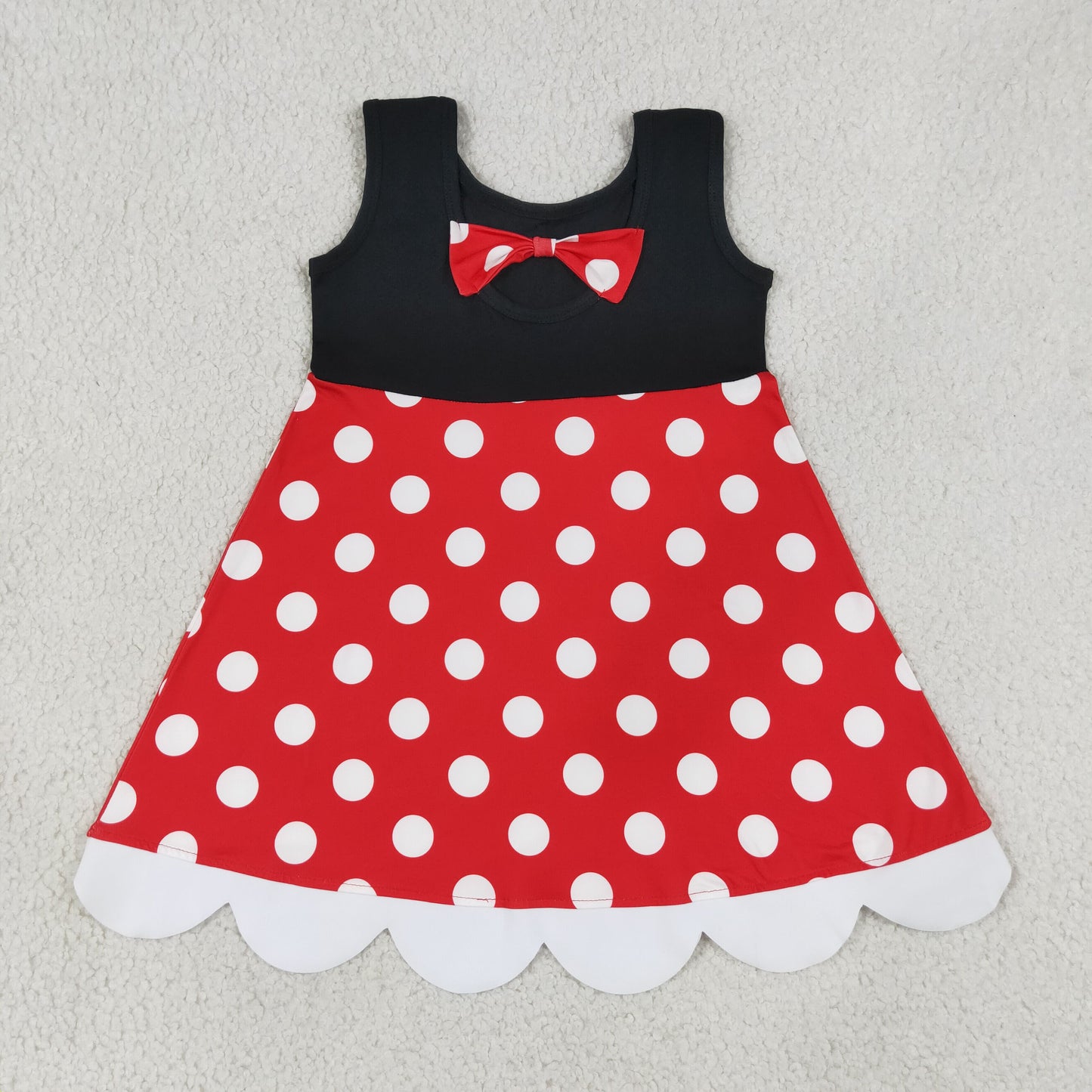 RTS NO MOQ Sibling milk silk Baby Girls Sleeveless Print Scallop Knee Length Dress