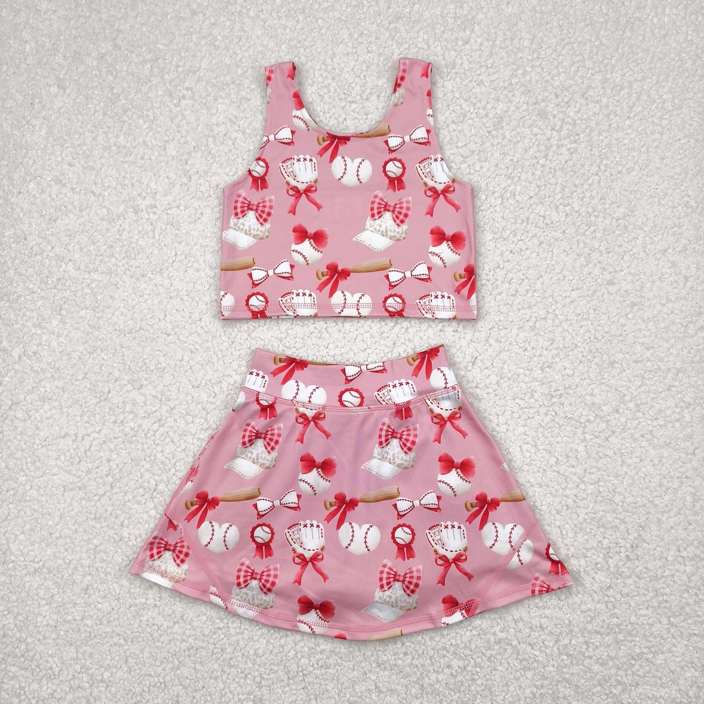 RTS NO MOQ GSD2044 Baseball bow pattern pink vest pants skirt yoga set