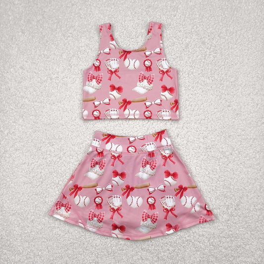 RTS NO MOQ GSD2044 Baseball bow pattern pink vest pants skirt yoga set