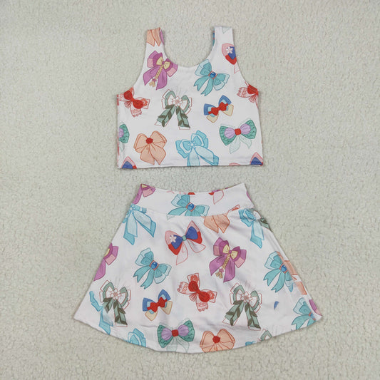 RTS NO MOQ（In Stock) girls vest and skirt yoga set with bow