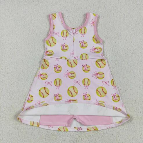 RTS NO MOQ Sibling Baby Girls Softball Baseball Bows Yoga Active Shorts Team Knee-Length Dresses