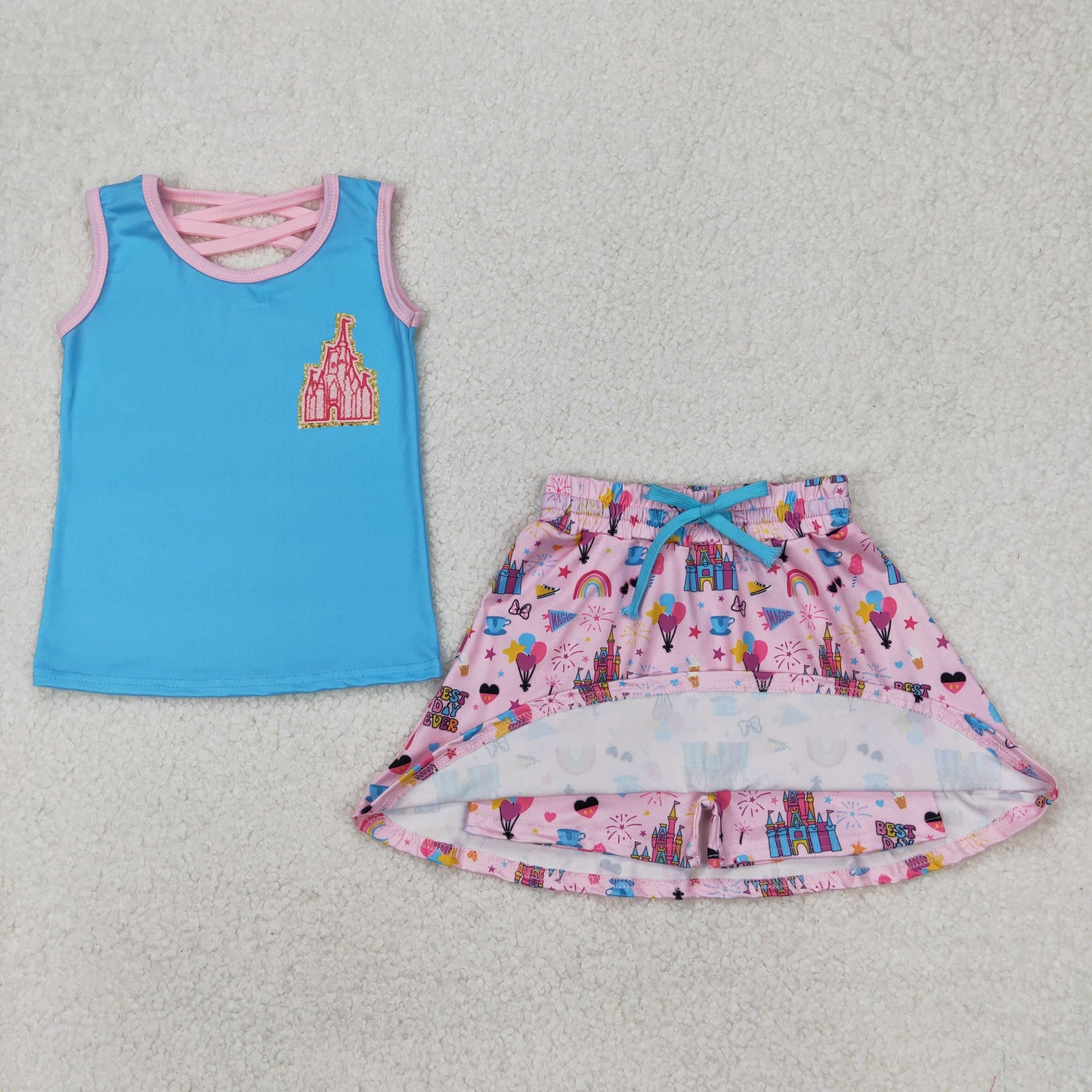 RTS NO MOQ ETA 5/7days Arrived GSD2072 Dream solid blue vest pink skirt set
