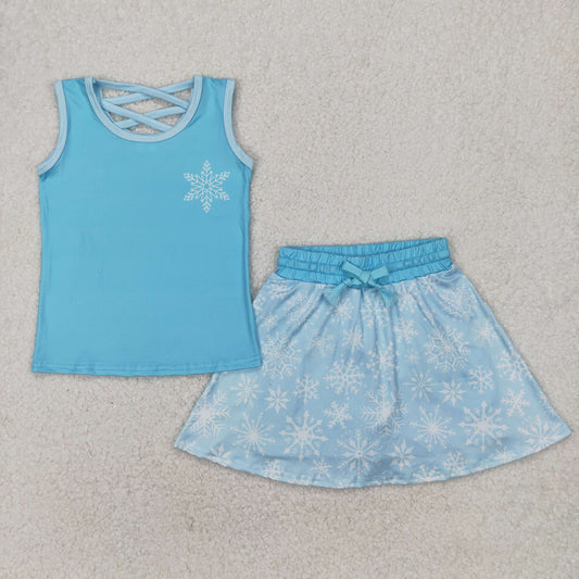 RTS NO MOQ ETA 5/7days Arrived GSD2074 Snowflake solid blue vest skirt set