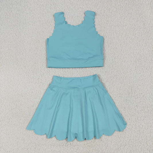 RTS NO MOQ GSD2096 Pure light blue vest skirt yoga set