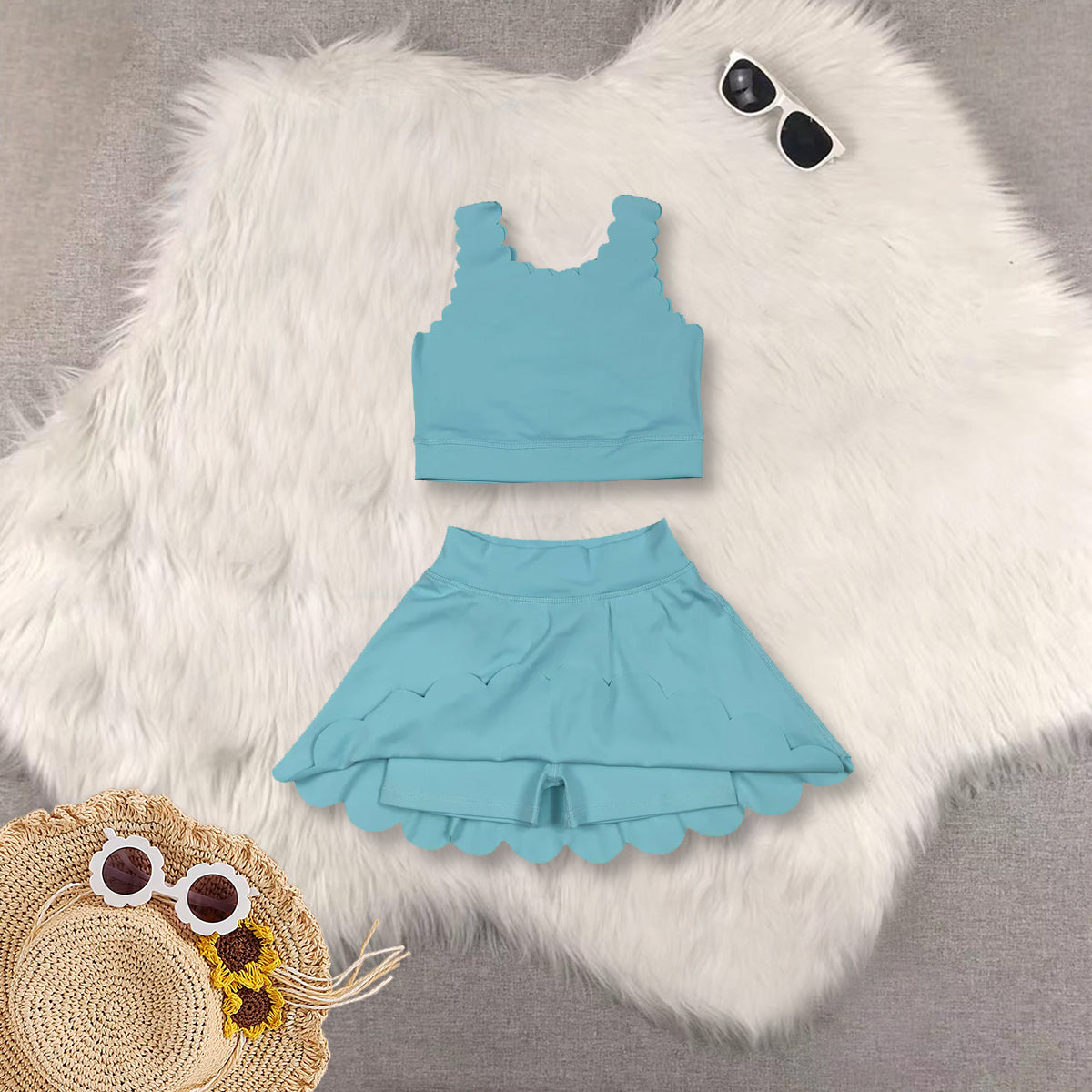 RTS NO MOQ baby girl clothes Solid blue sleeveless pants yoga set and skirts sets