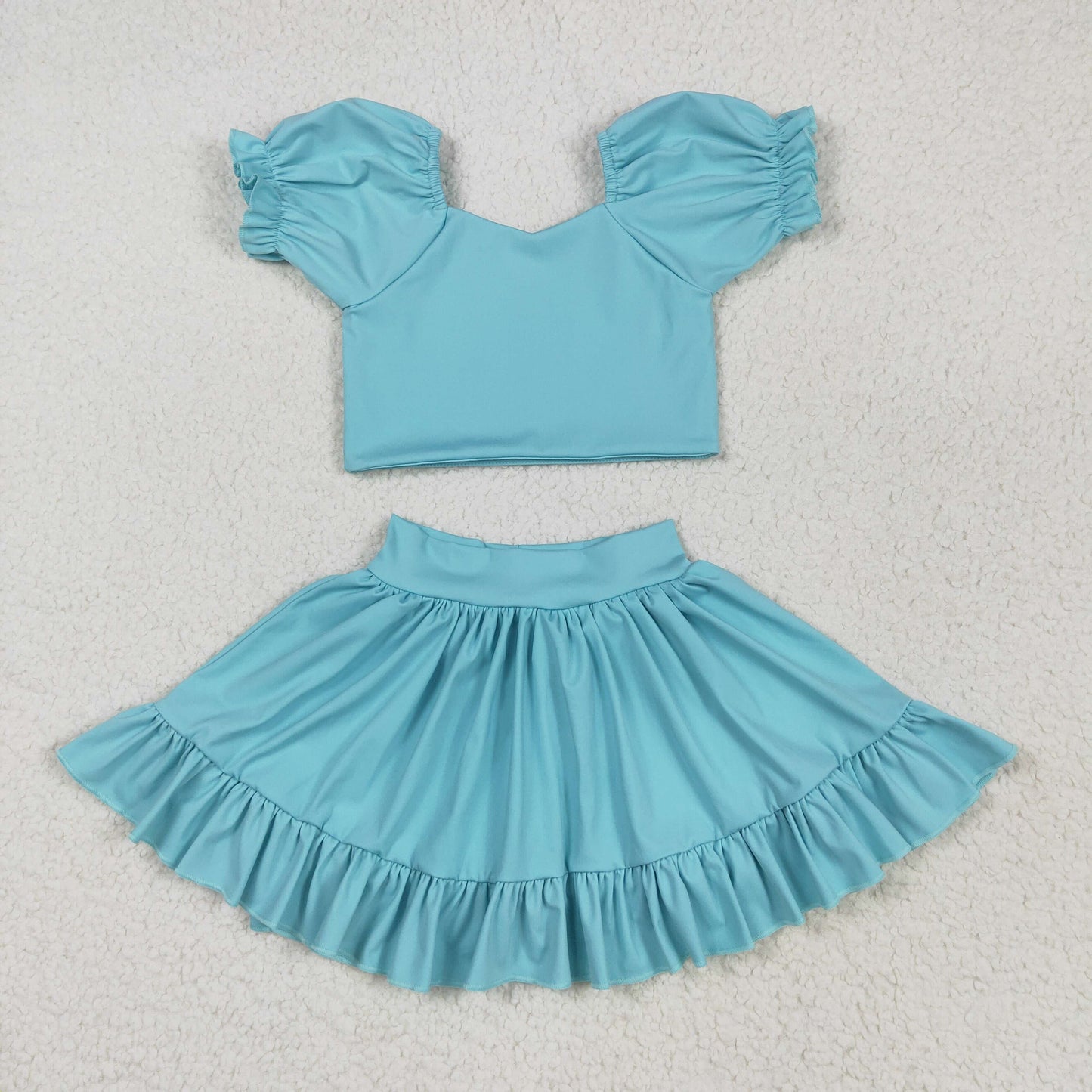 RTS NO MOQ GSD2101 Pure light blue lantern sleeve skirt yoga set