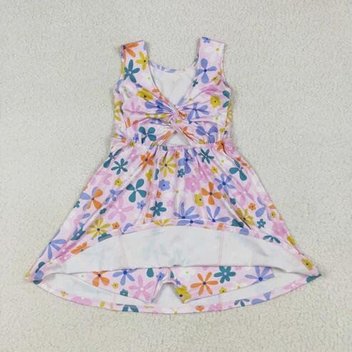 RTS NO MOQ Sibling Baby Girls Sleeveless Flower Bows Yoga Active Shorts Knee-Length Dresses