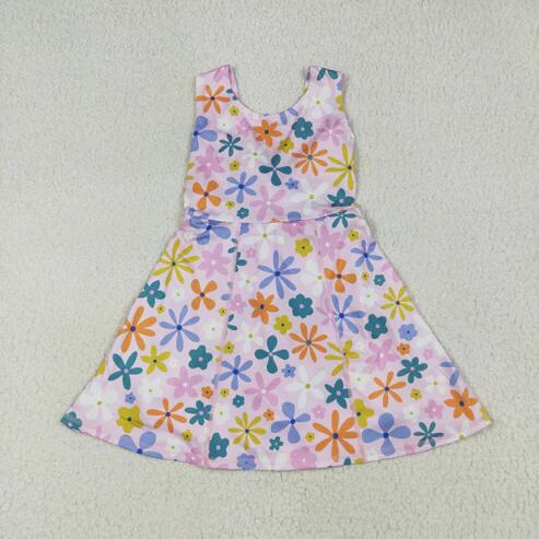 RTS NO MOQ Sibling Baby Girls Sleeveless Flower Bows Yoga Active Shorts Knee-Length Dresses