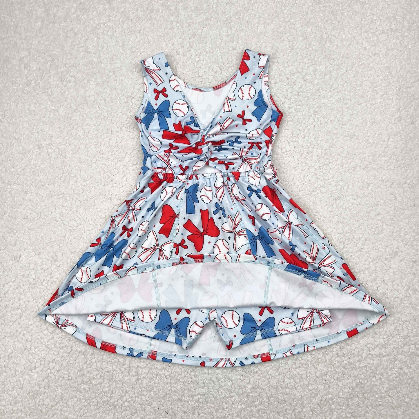 RTS NO MOQ GSD2150 Baseball bow pattern blue yoga sleeveless dress